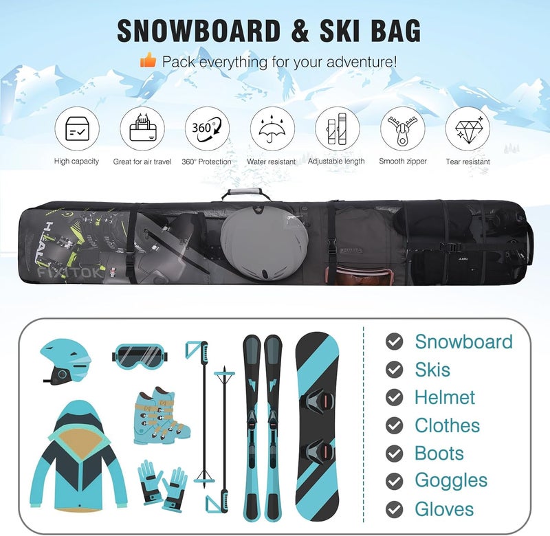 FIXITOK Snowboard & Ski Bag for Air Travel, Waterproof Full Padded Snowboard Bag Fit Board, Boots, Clothes, Helmet and Gear, Adjustable Length Ski Bag(157CM-181CM) - Image 2